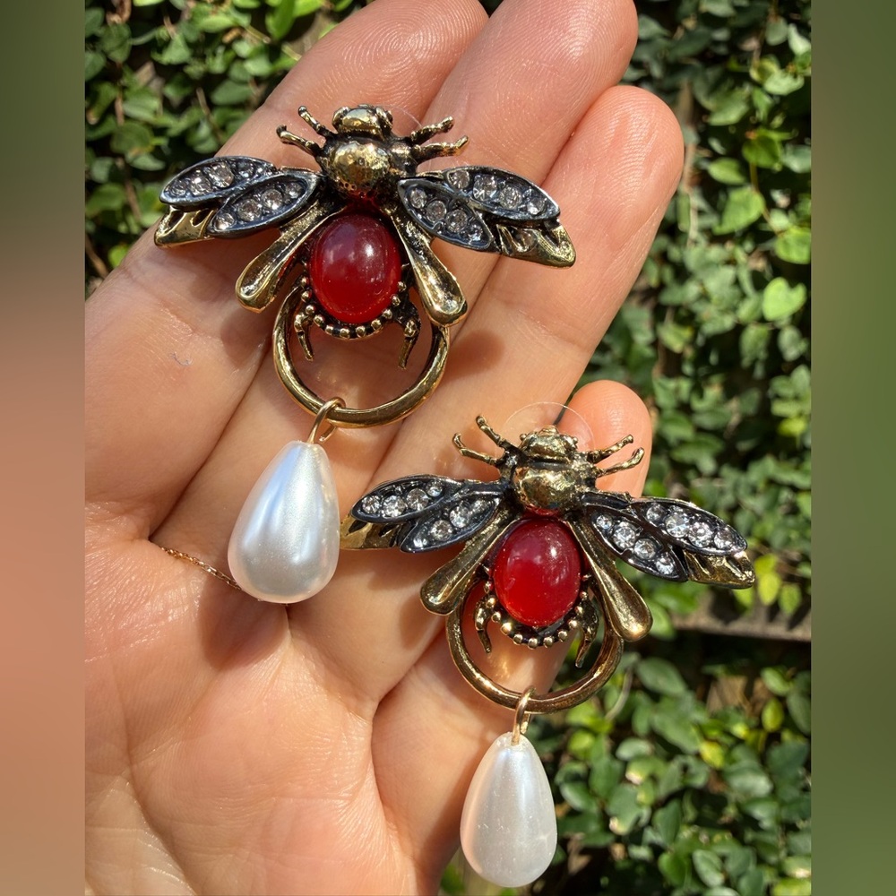 Bee Drop Earrings with Red and Pearl Accents - Picture 6 of 6